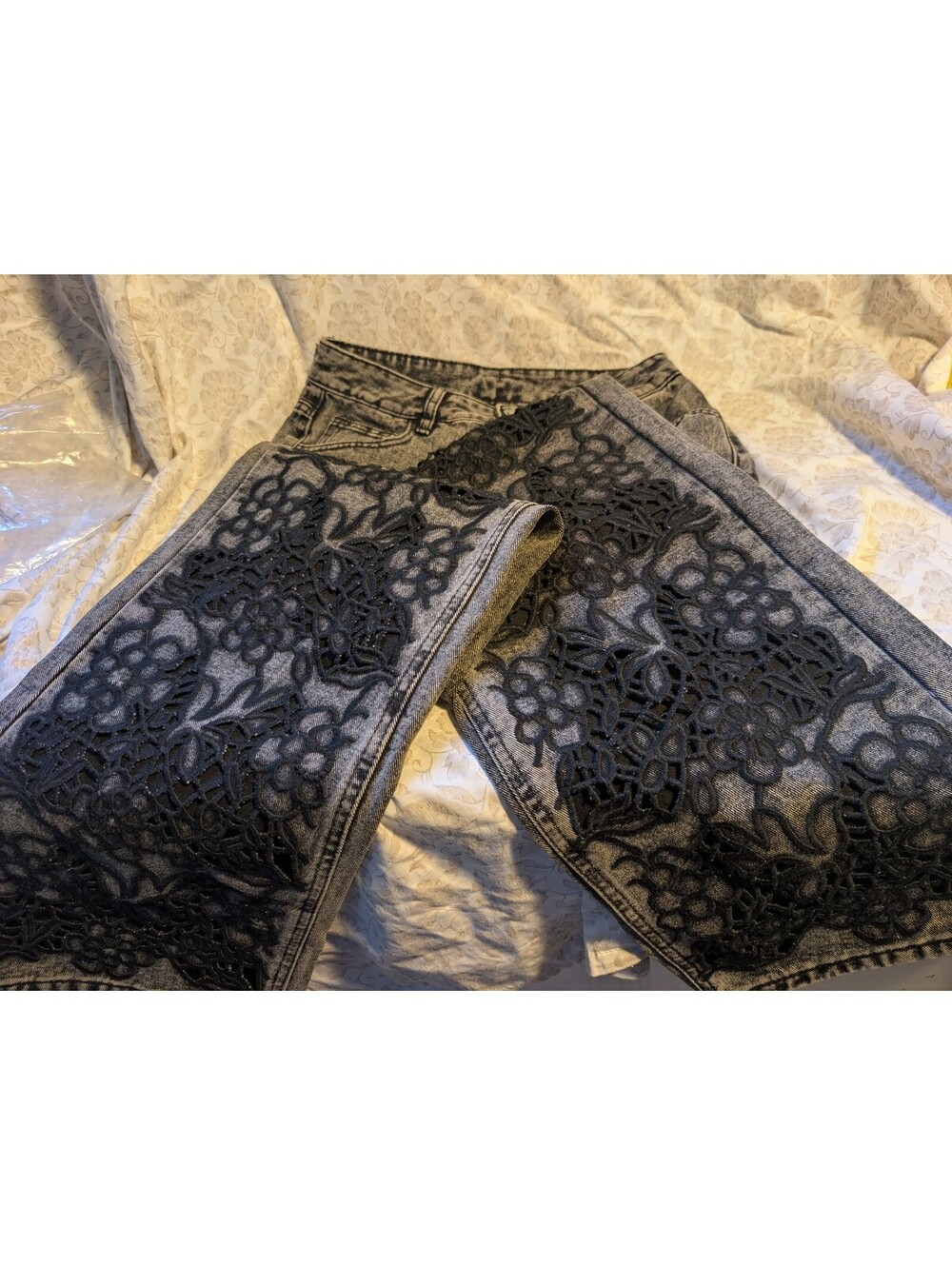 Women's Gray Acid Wash  Jeans with Black Floral Lace Appliqué